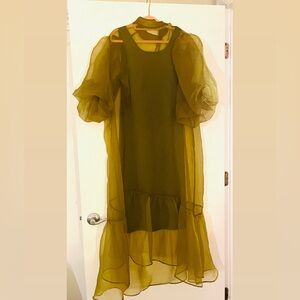 H&M Balloon Sleeve Organza Dress in Olive Green